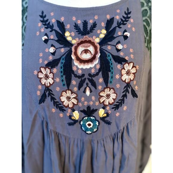 JODIFL Blue Embroidered Boho Mini Dress - Size Medium - Picture 3 of 8